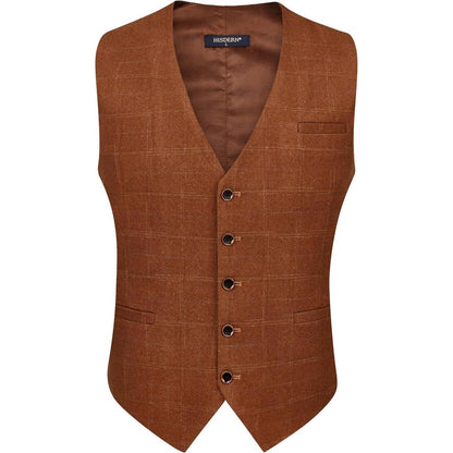 Herren Anzugweste Karomuster V-Ausschnitt Orange Braun XXL