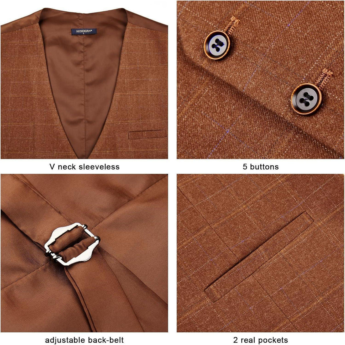 Herren Anzugweste Karomuster V-Ausschnitt Verstellbar Gebranntes Orange 4XL