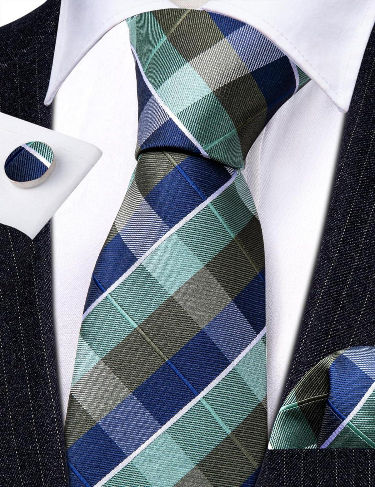 Herren Krawatten Set Seiden Streifen Plaid Hochzeit Taschentuch Blau Grün