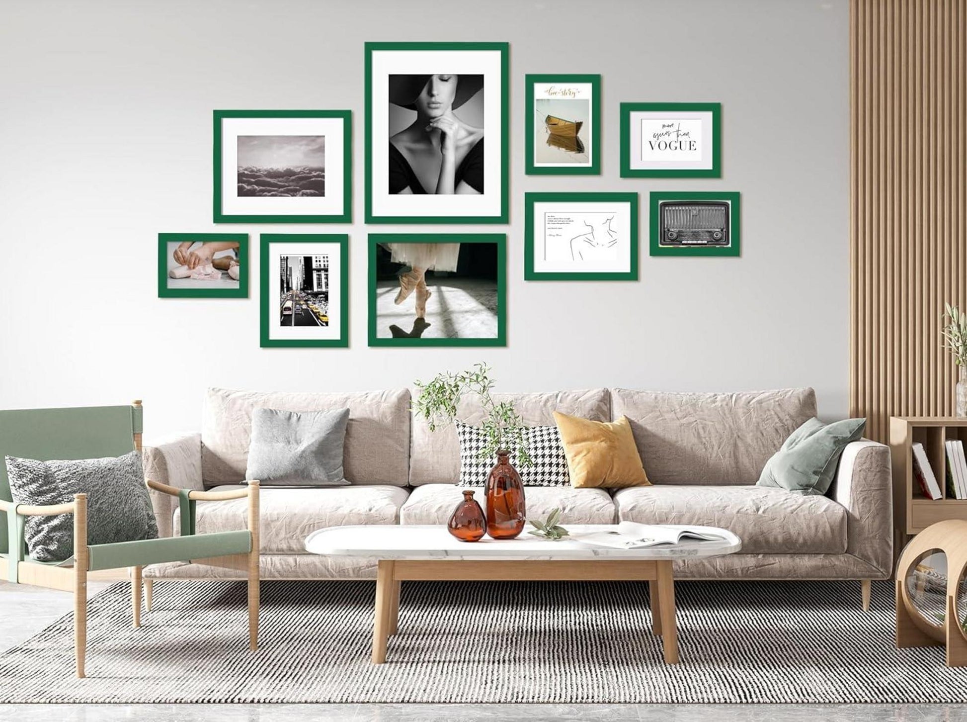 KINLINK Bilderrahmen Set Grün Holz Acryl Plexiglas 12,7x25,4x25,4 cm Passepartout 28x35 cm Tisch Wand Display 28x35 cm