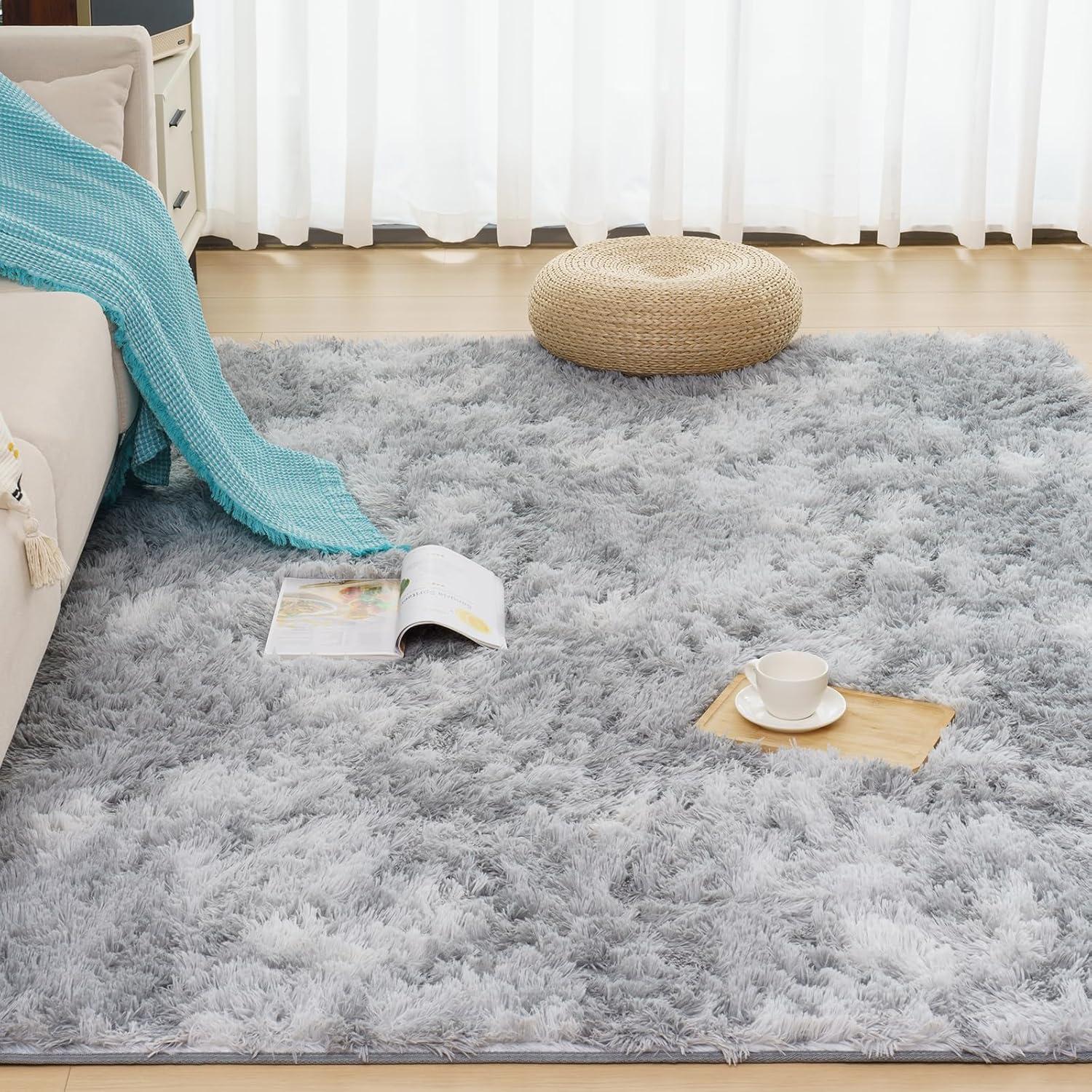 Hochflor Flauschiger Wohnzimmer Teppich 80x150 Hellgrau