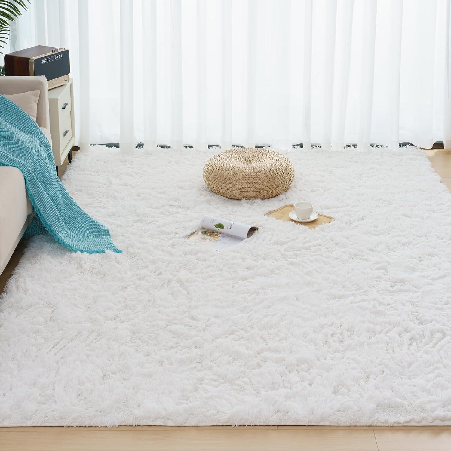 Hochflor Weißer Teppich 200x290cm Langflor Wohnzimmer