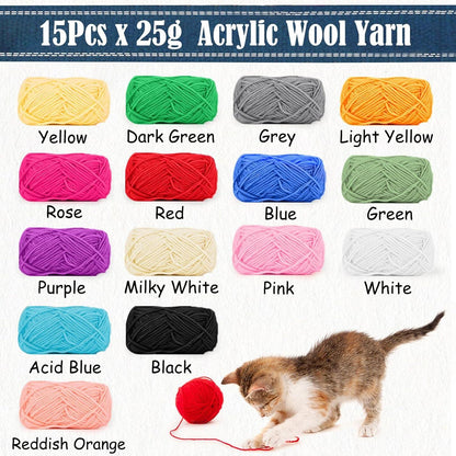 Häkelgarn 15 Farben Acryl Wolle 25g 70m Häkeln Stricken Set