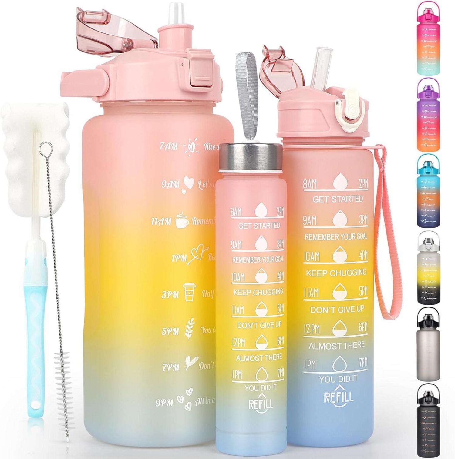 Auslaufsichere Trinkflasche mit Zeitmarkierung und Strohhalm