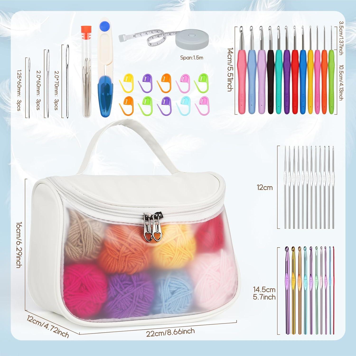 Häkelset für Anfänger mit Tasche und 12 Wolle PCS, TPR Gummigriff, für Socken, Pullover, Granny Square, Schal, Schwarz