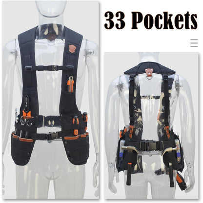 Leder Werkzeugweste Herren mit 33 Taschen, verstellbar, Schwarz, L