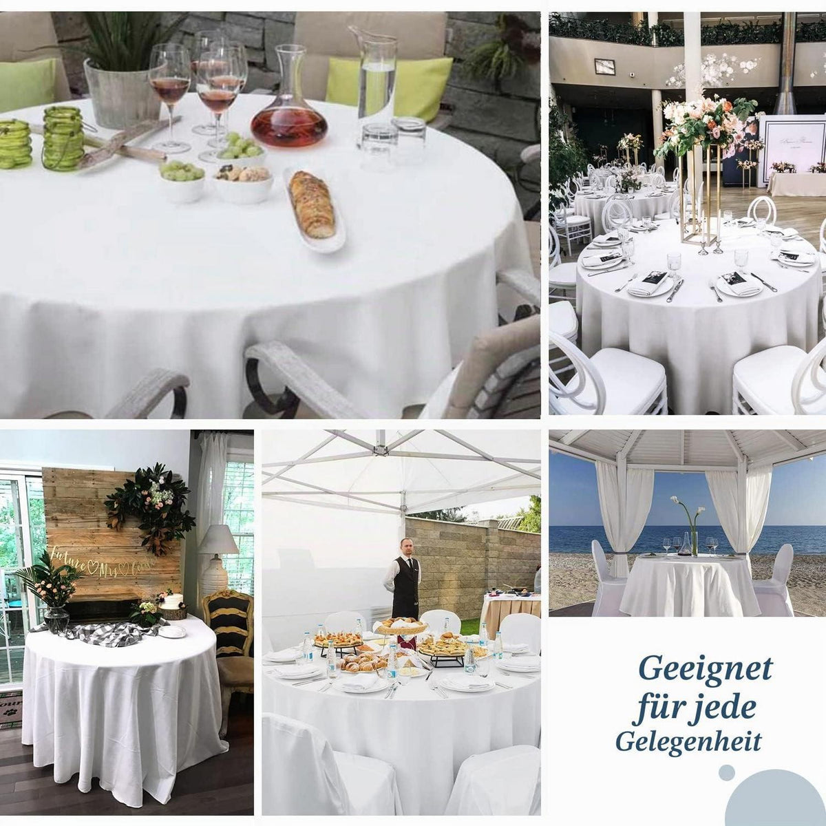 8x Runde Tischdecke 305cm – Weiß, Waschbar & Premium