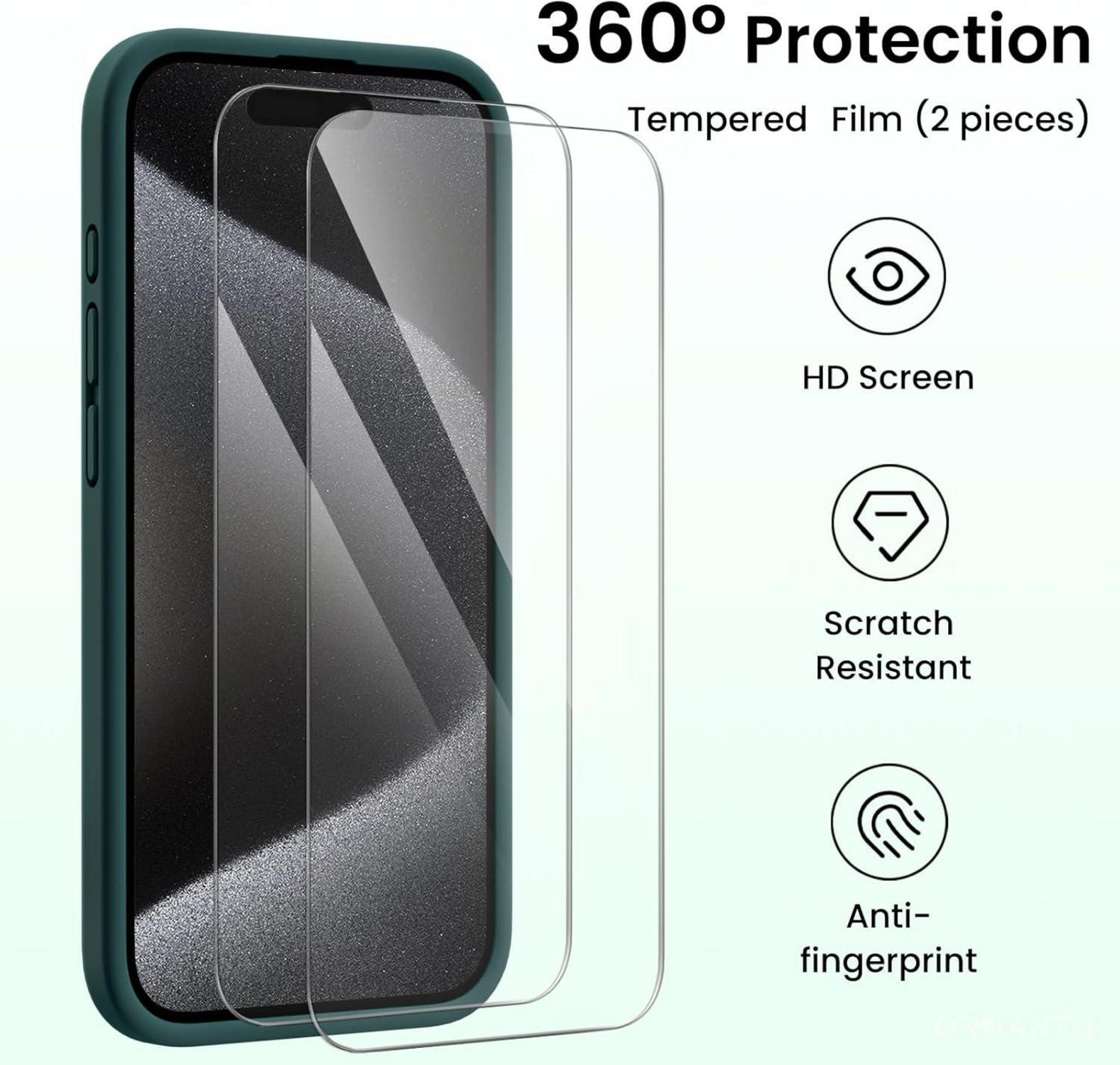 iPhone 15 Pro Max Hülle Silikon Kameraschutz 2 Schutzfolien Olivgrün