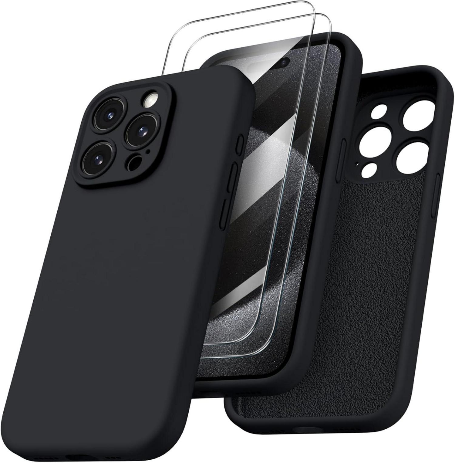 iPhone 15 Pro Hülle mit Kameraschutz und 2 Schutzfolien - Schwarz