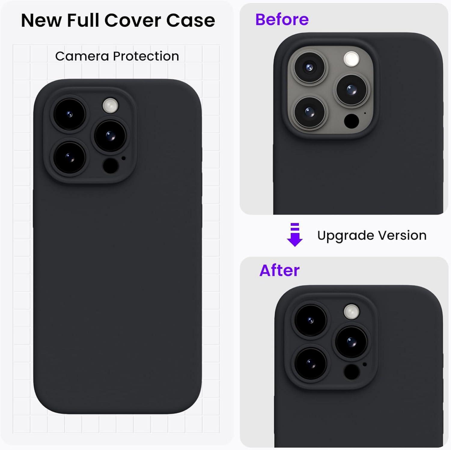ORNARTO iPhone 15 Pro Hülle mit Kameraschutz, Schutzfolien & flüssigem Silikon - Schwarz