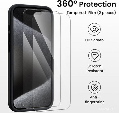 ORNARTO iPhone 15 Pro Hülle Schwarz mit Kameraschutz 2 Schutzfolien/Silikon 6.1