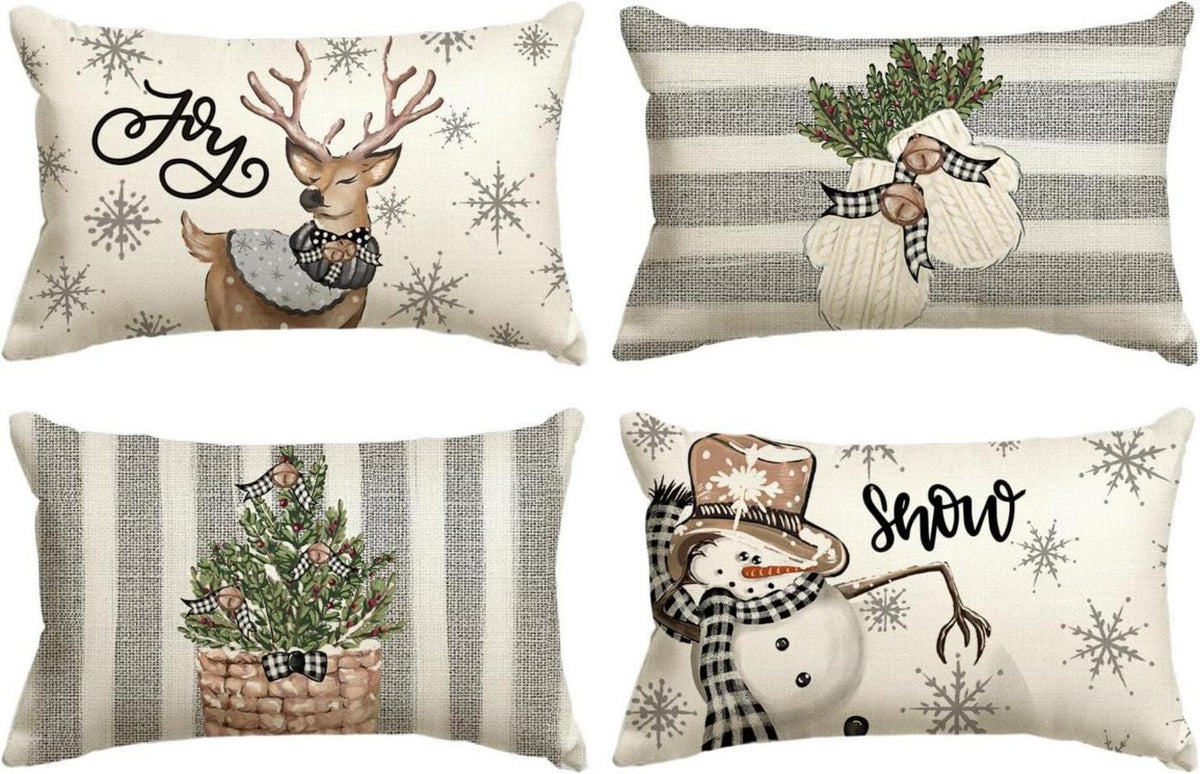 Weihnachtskissenbezüge 4er Set Schneemann Rentier 30x50 cm Grau
