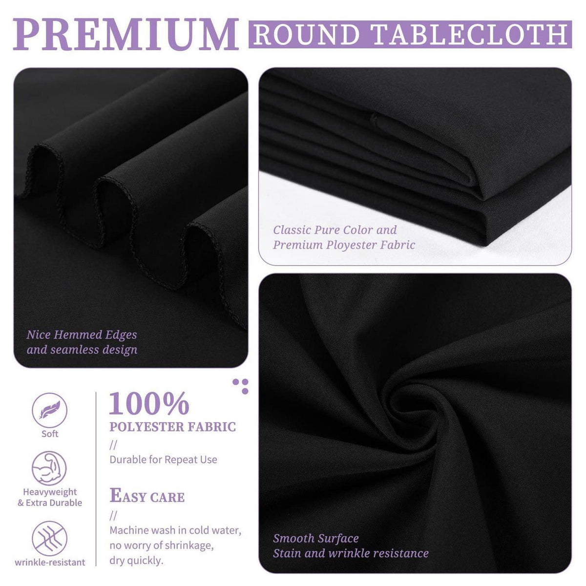 8x Schwarze Runde Tischdecken 229cm – Polyester, Waschbar