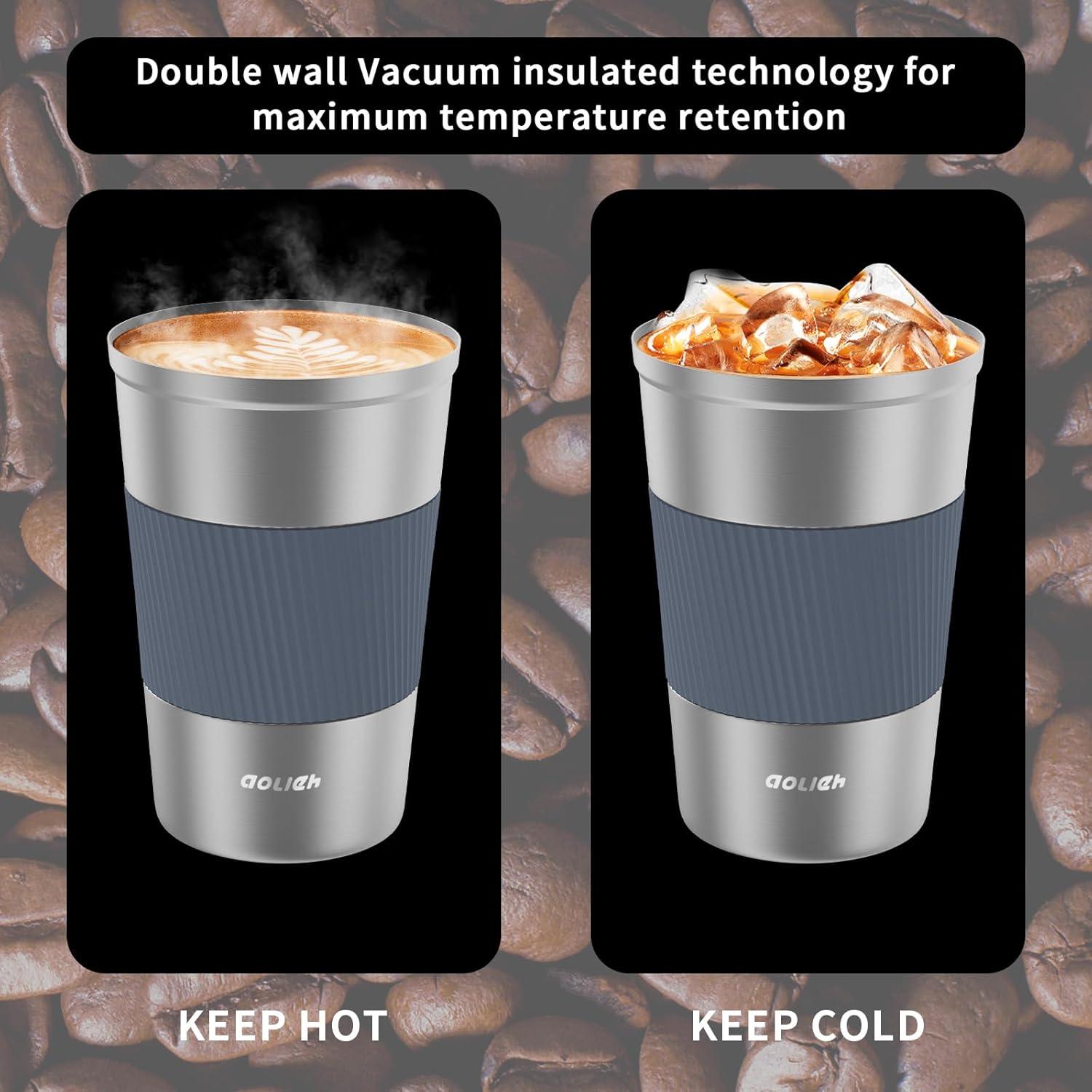 Aolieh Thermobecher Edelstahl Kaffeebecher Travel Mug Isolierbecher 380ml Silber Grau