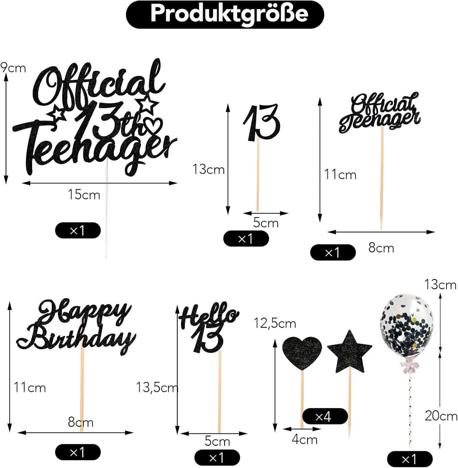 Glitzer Cupcake Topper 13. Geburtstag Mädchen Jungen Schwarz