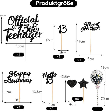 Glitzer Cupcake Topper 13. Geburtstag Mädchen Jungen Schwarz