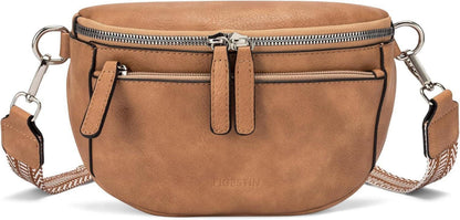 FIGESTIN Damen Bauchtasche PU Leder Crossbody Umhängetasche Kamelbraun