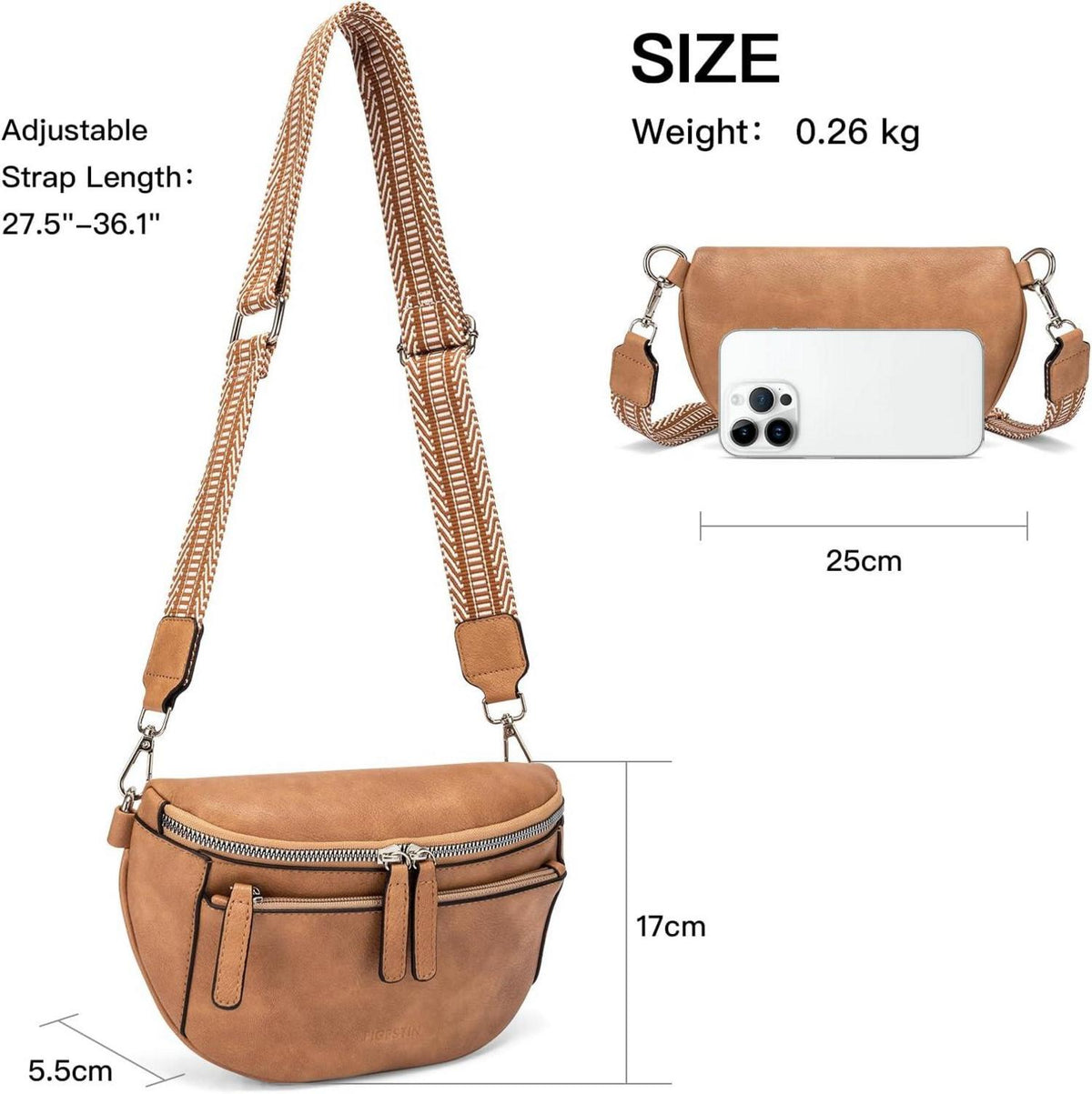 Umhängetasche Damen PU Leder Crossbody Bag Breiter Gurt Kamelbraun