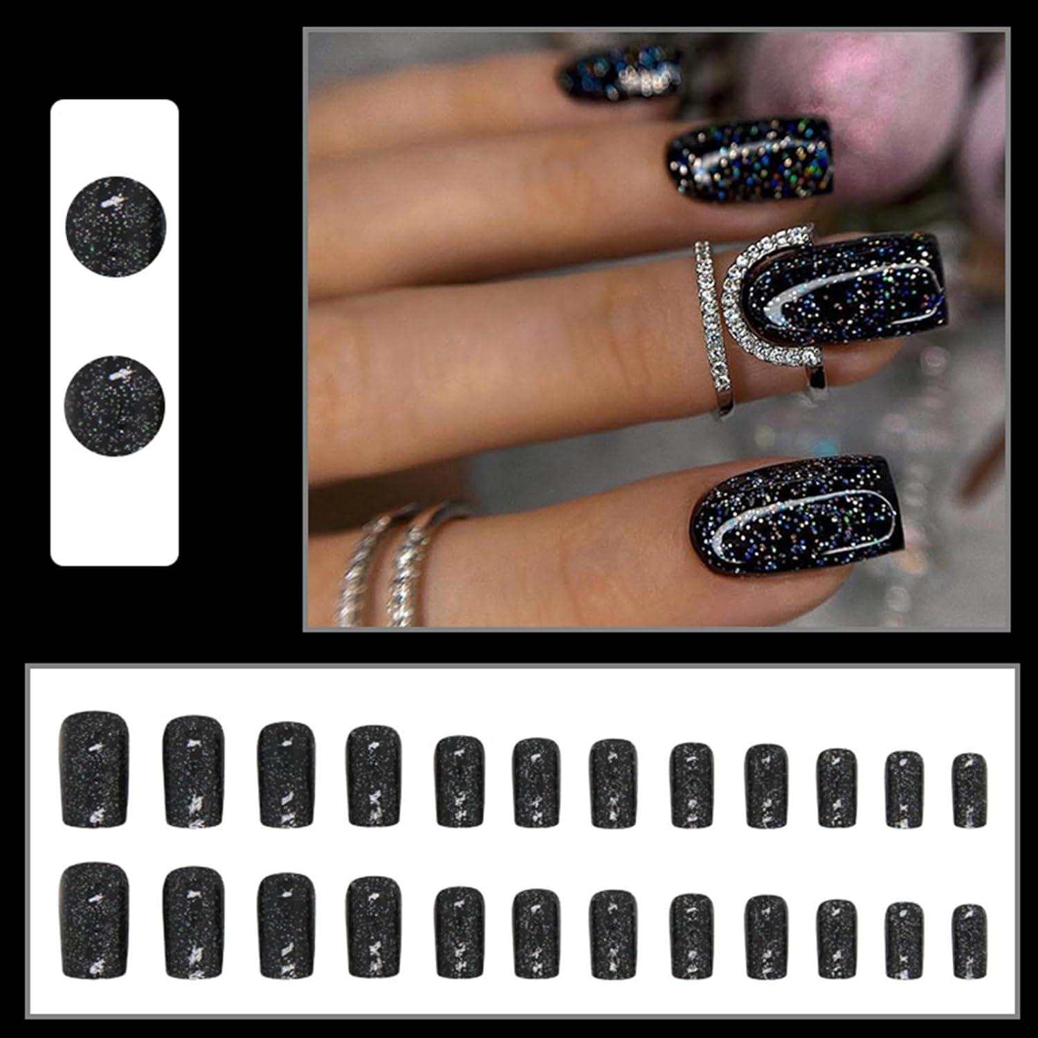 24 Eckige Kurze Schwarz Glitzer Acryl Kunstnägel Press on