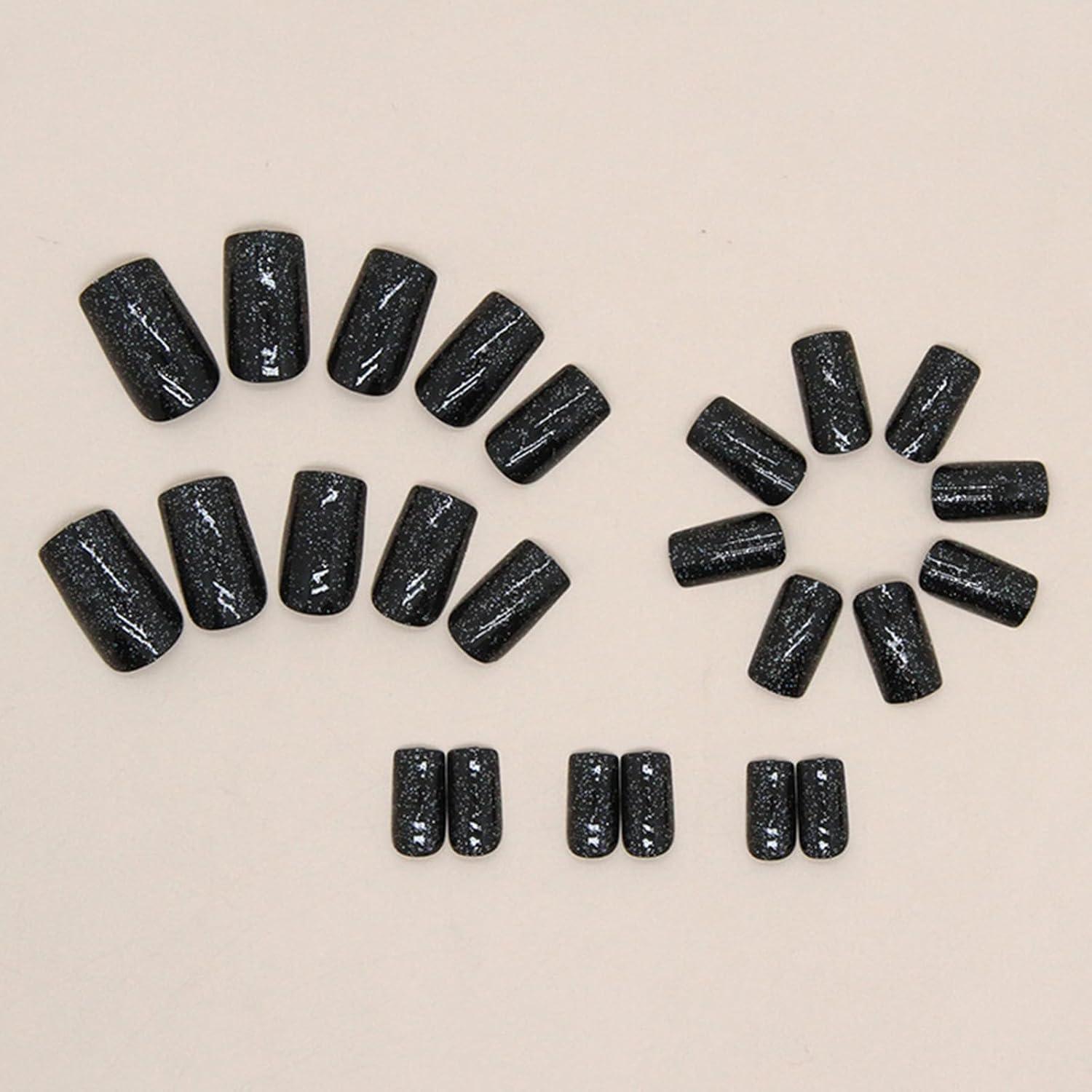 24 Stück Eckige Schwarze Glitzer Press on Nägel mit Nagelkleber