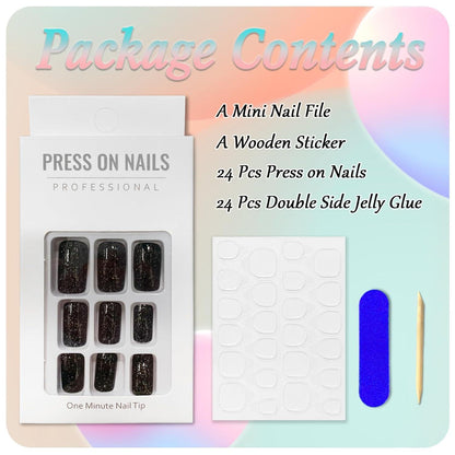 24 Stück Glitzer Schwarz Eckige Kunstnägel Press on Nails Nagelkleber