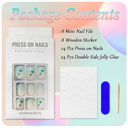 24 Acryl Nägel Grüne Blätter Kurz Falsche Nägel Press on Nails