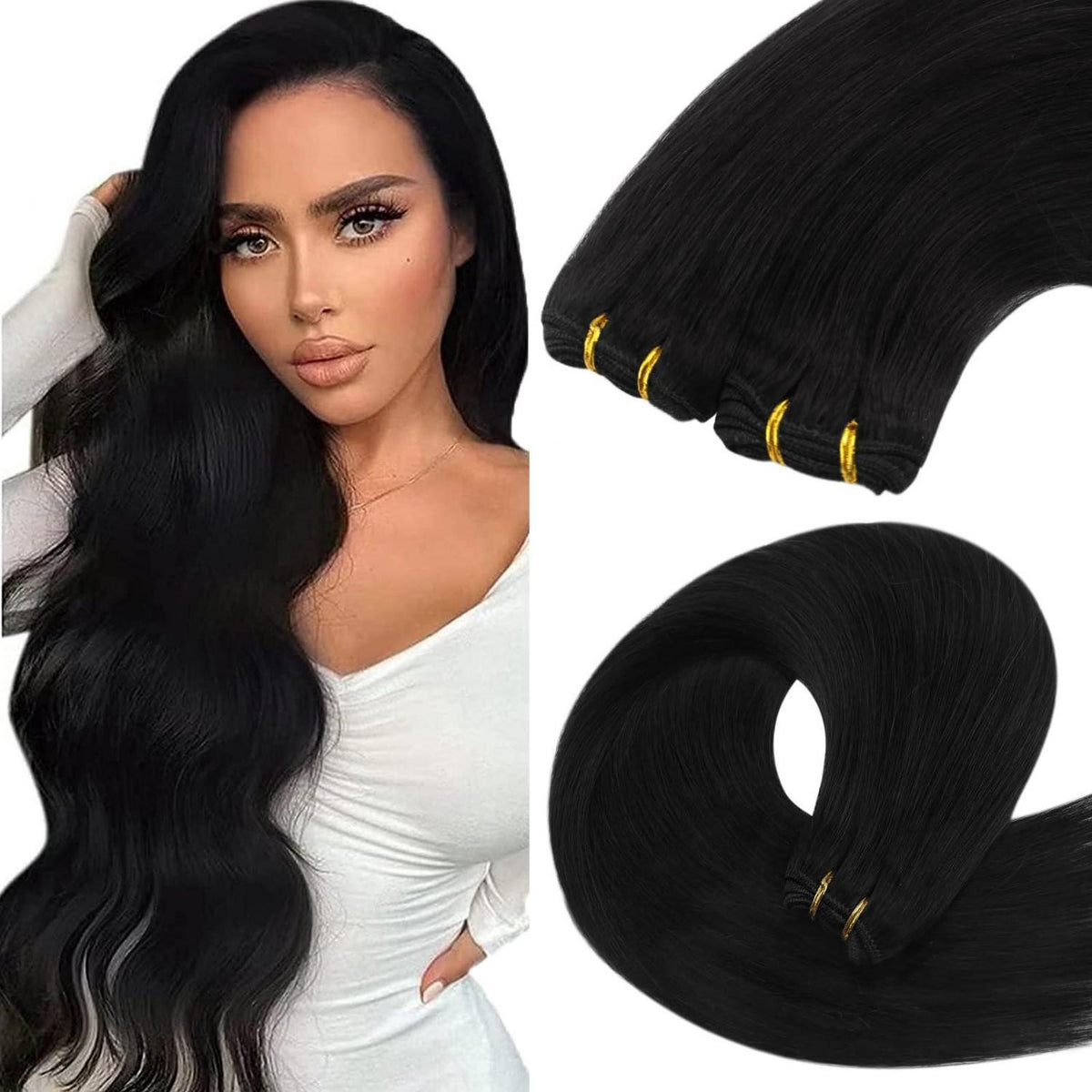 Echthaar Tressen Schwarz 50 cm – Glatte Weave Extensions