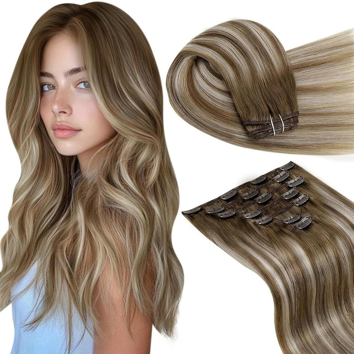Clip-in Haarverlängerung Blond Balayage Echthaar 45cm