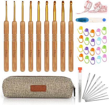 Häkelnadel Set Bambus Holzgriff 2,0 mm - 6,0 mm 9-teilig