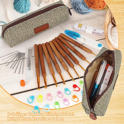 Häkelnadel Set Bambus Holzgriff 9 PCS 2,0 - 6,0 mm Anfänger Arthritis