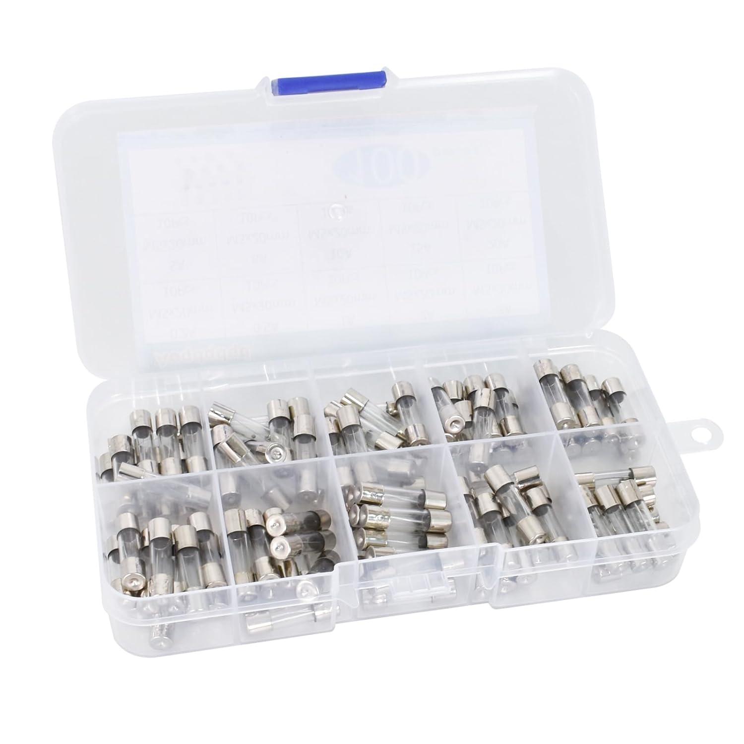 100x Glassicherungen Set 5x20mm 250V Schnellschlag 0,2A-15A Sortiment in Kunststoffbox