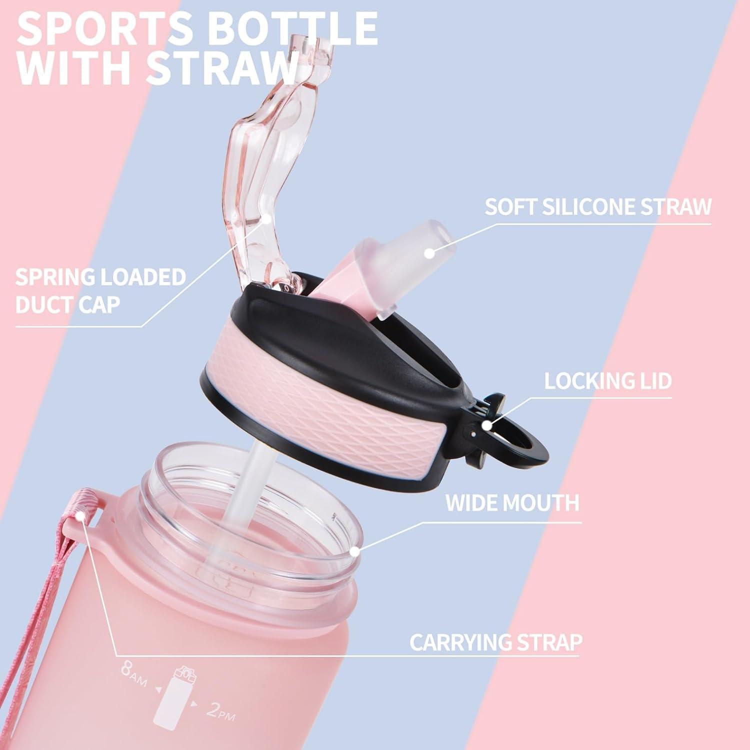 1L Trinkflasche mit Strohhalm und Zeitmarkierung
