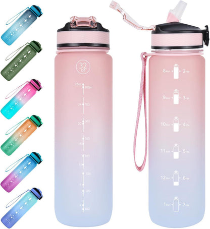 EYQ 1L Trinkflasche mit Strohhalm Tritan BPA Free Auslaufsicher Sport Flasche Zeitmarkierung Pinkblau