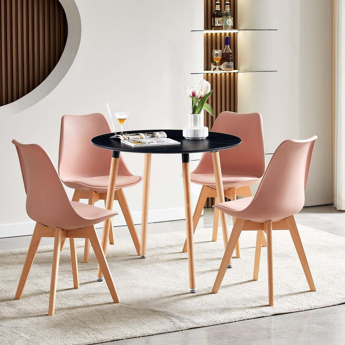 Runder Esstisch Schwarz mit 4 Rosa Stühlen – Skandinavisch & Modern
