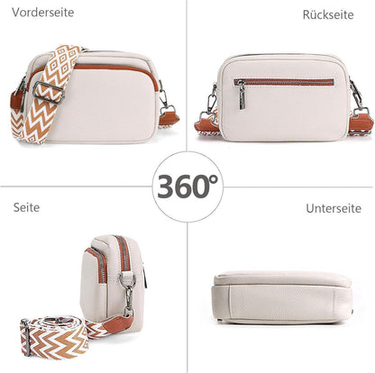 Damen Echtes Leder Umhängetasche Crossbody Bag mit 3 Fächern A-beige02