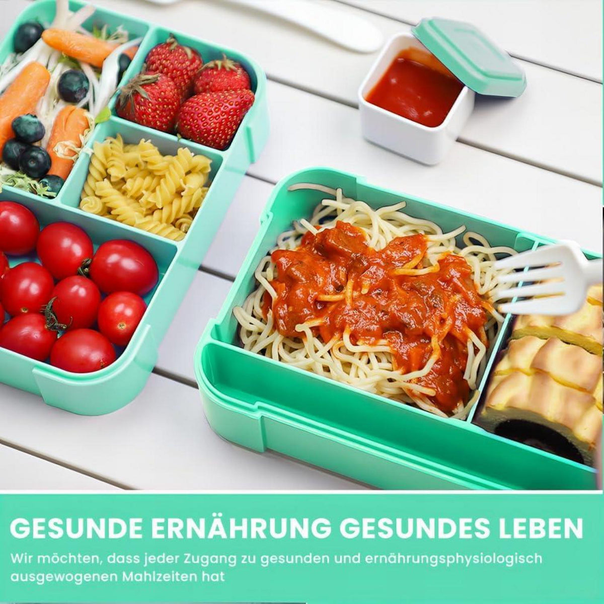 Kinder Brotdose 1550ML Auslaufsicher Bento Box 6 Fächer Besteck Minzgrün