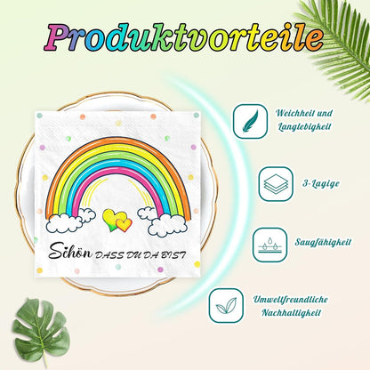 Servietten Regenbogen Kindergeburtstag 40Stück 3-Lagige Taufe Hochzeit