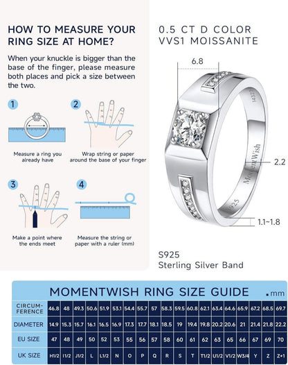 MomentWish Herren Verlobungsring 0,5 Karat Moissanit 925 Silber Geschenkbox