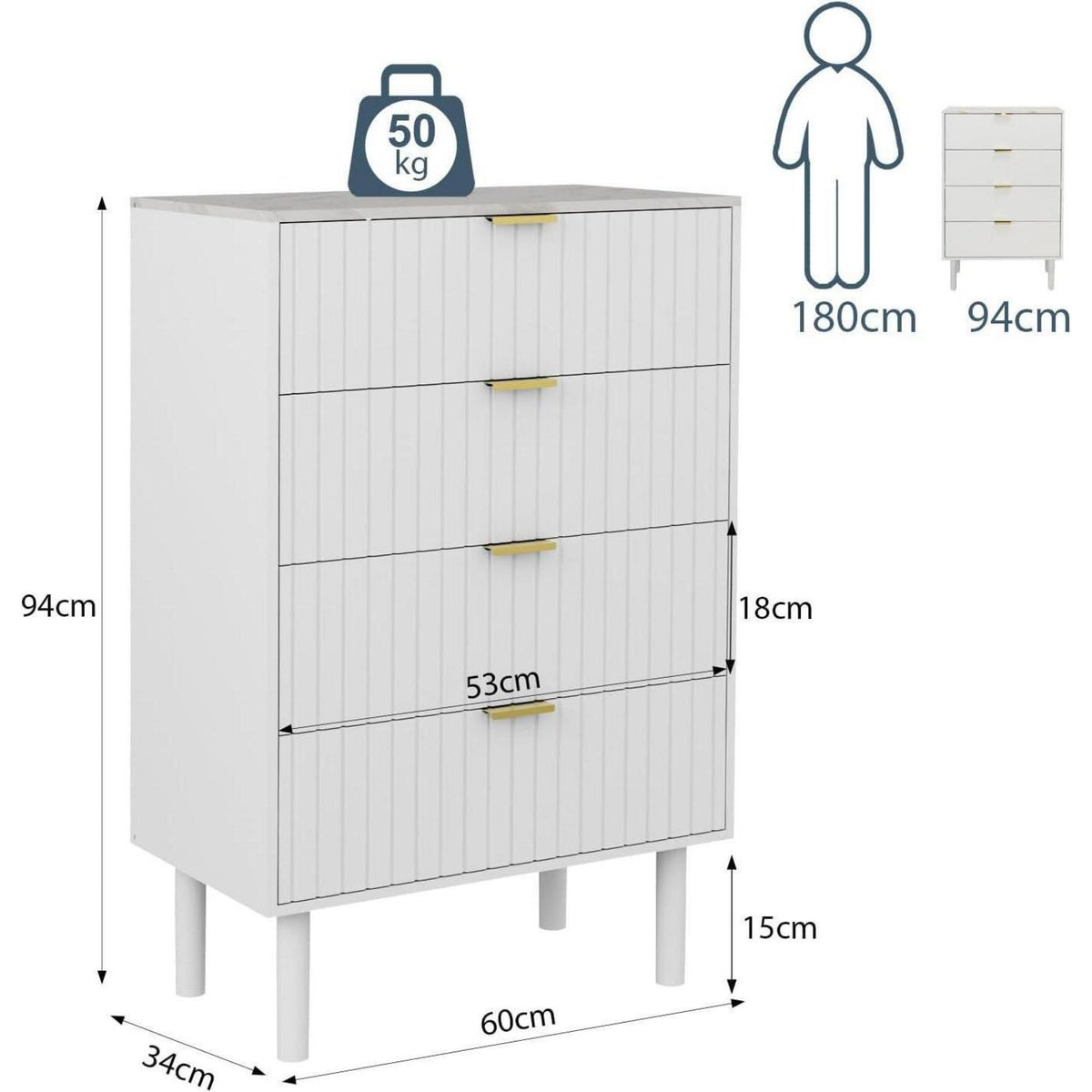 Moderne Kommode mit 4 Schubladen, Weiß, 60cm breit