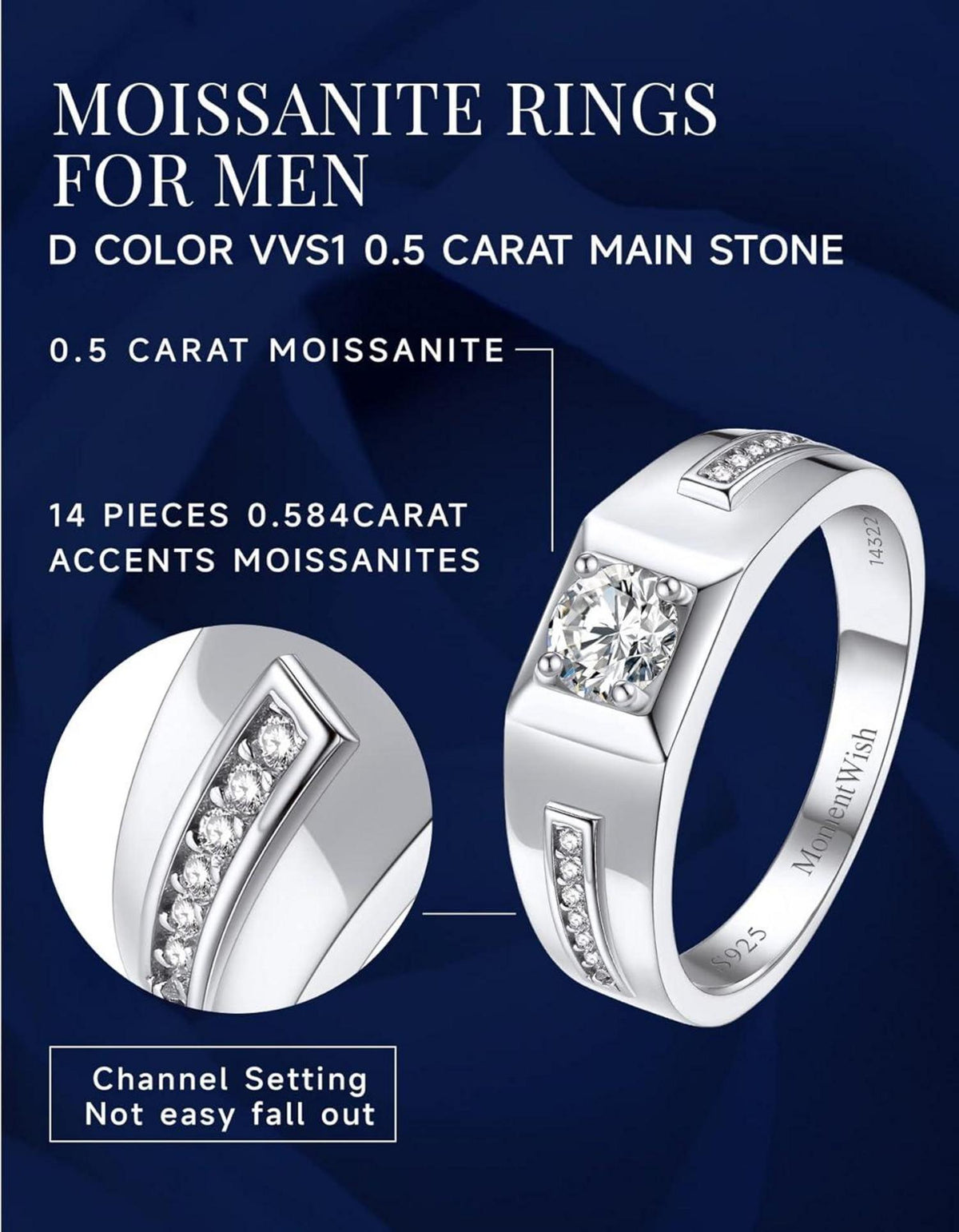 Herren Verlobungsring 0,5 Karat Moissainte 925 Silber Geschenk Valentinstag