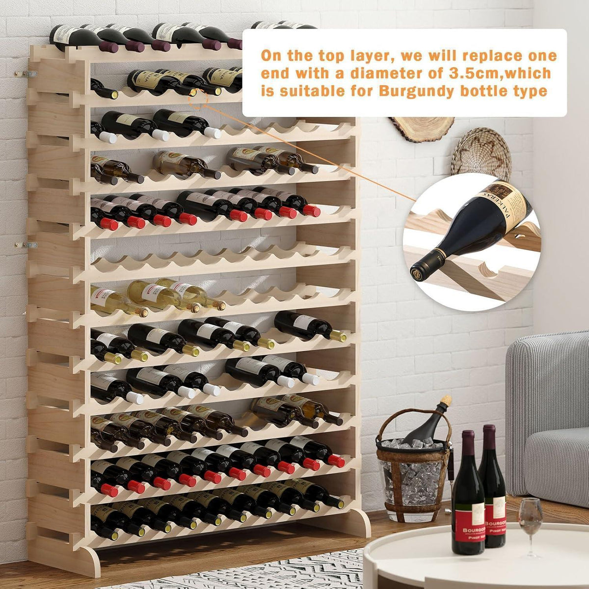 Weinregal aus Massivholz für 120 Flaschen, 12 Ebenen, 110x30x140 cm