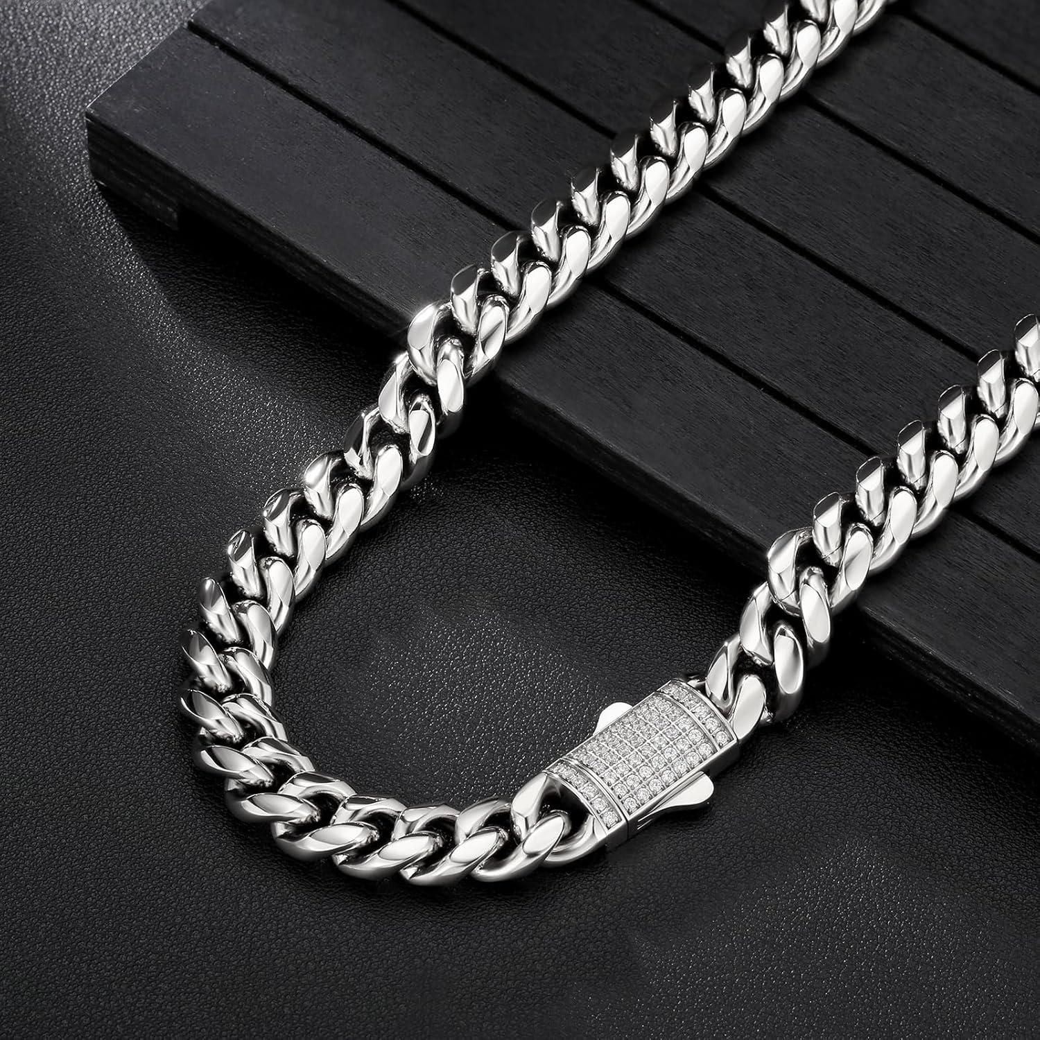 KRKC&CO Panzerkette Herren 12mm 18K Gold plattiert Cuban Link Chain 55.9cm Iced-Silbrig