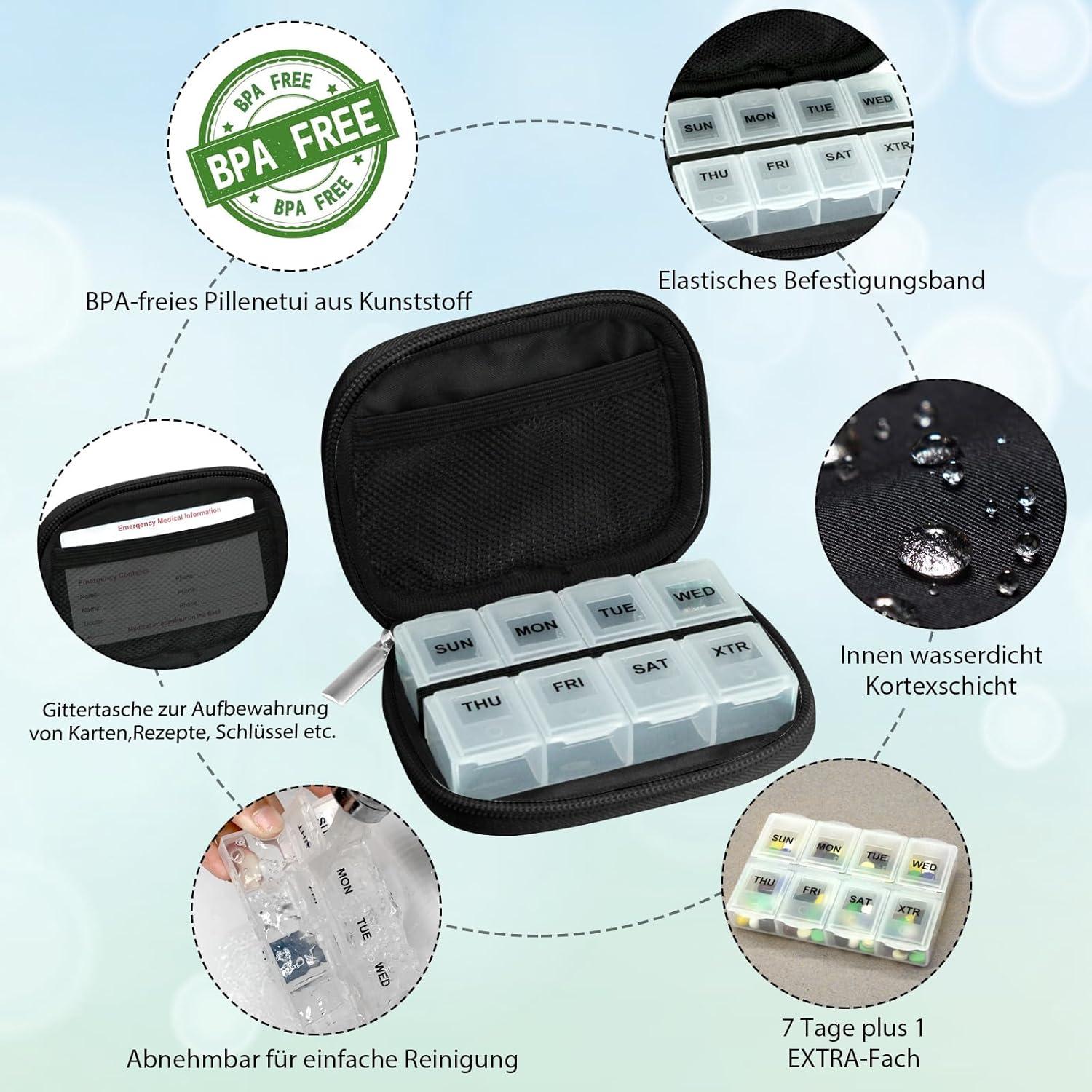 Serfeymi Tablettenbox 7 Tage Medikamentenbox mit Reißverschluss Stofftasche Braun
