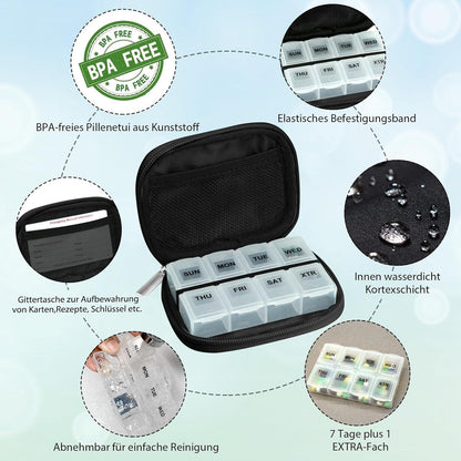 Serfeymi Tablettenbox 7 Tage Medikamentenbox mit Reißverschluss Stofftasche Braun
