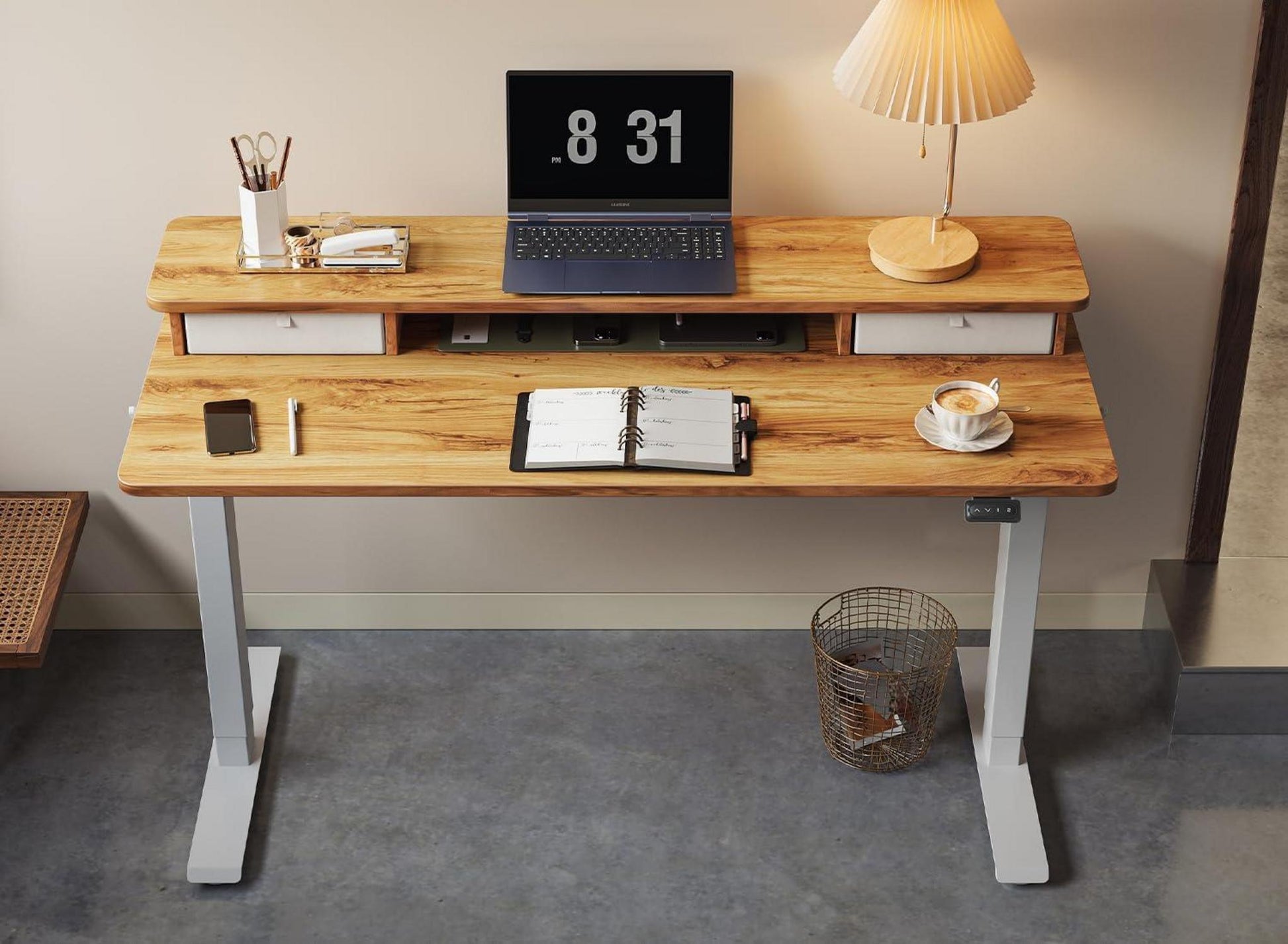 Höhenverstellbarer elektrischer Stehtisch mit Doppelschublade 120 x 60