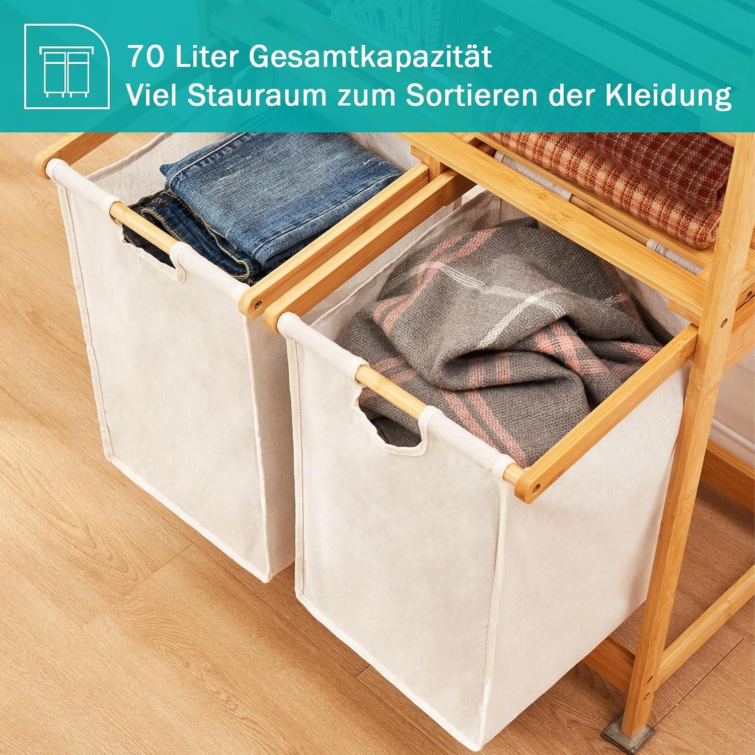 Bambus Wäschekorb mit 2 Ablagen und 2 Wäschesäcken 93x64x33cm Elfenbein