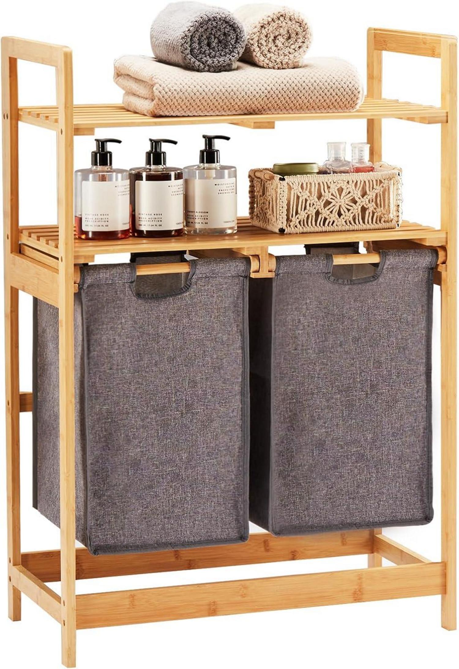 Wäschekorb Bambusgestell 2 Ablagen 2 Wäschesäcken Grau 93x64x33cm