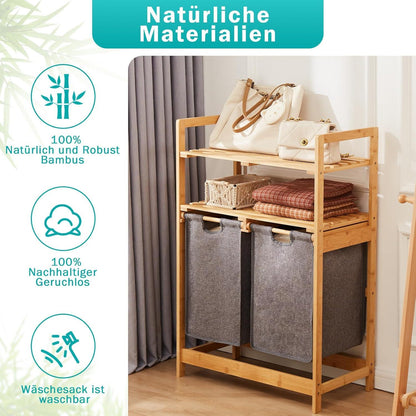 YOUDENOVA Bambus Wäschekorb mit 2 Ablagen und 2 Wäschesäcken Grau 93x64x33cm