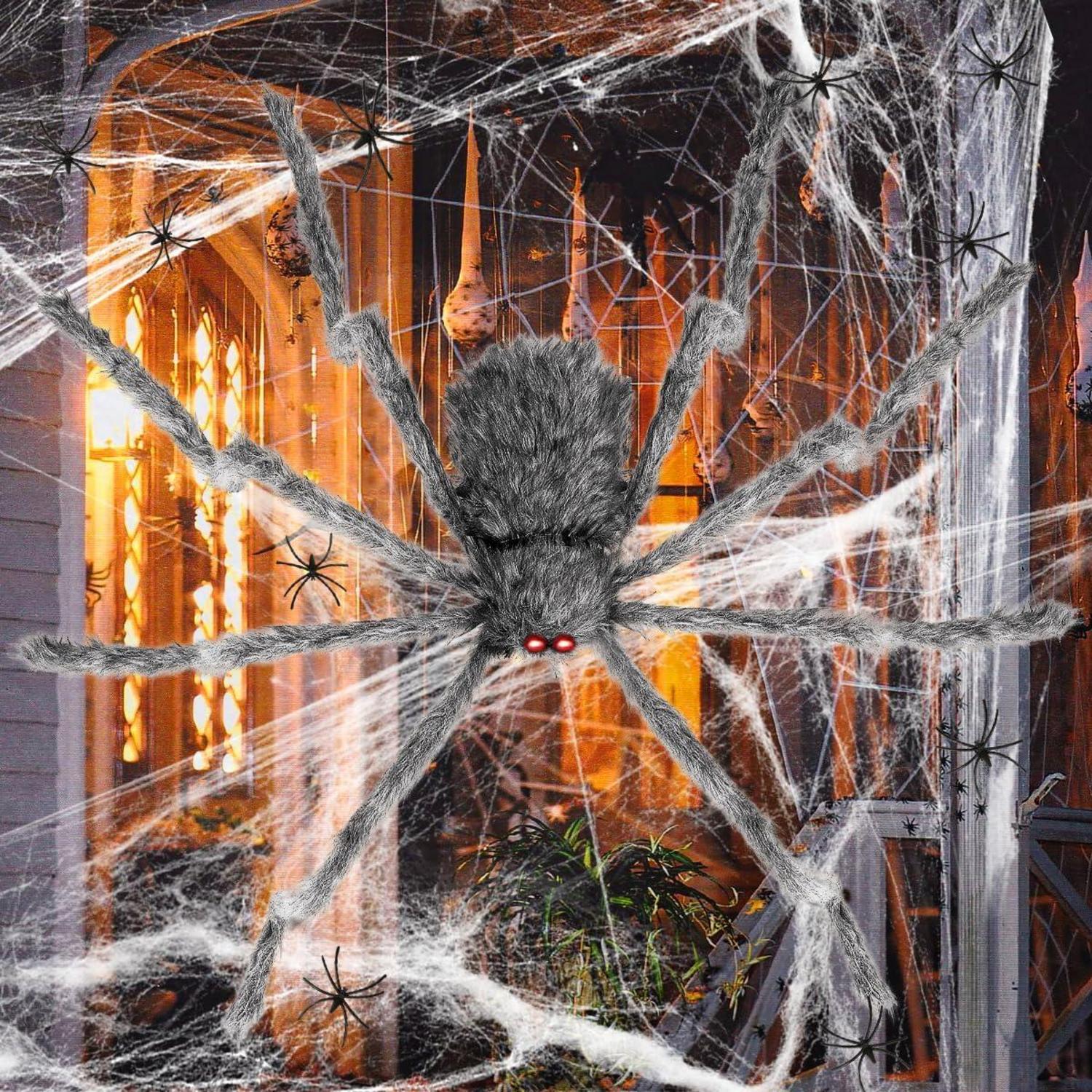 iZoeL XXL Halloween Deko Set: Riesige Spinnennetz, Graue Spinne, Spinnweben, Mini Spinnen