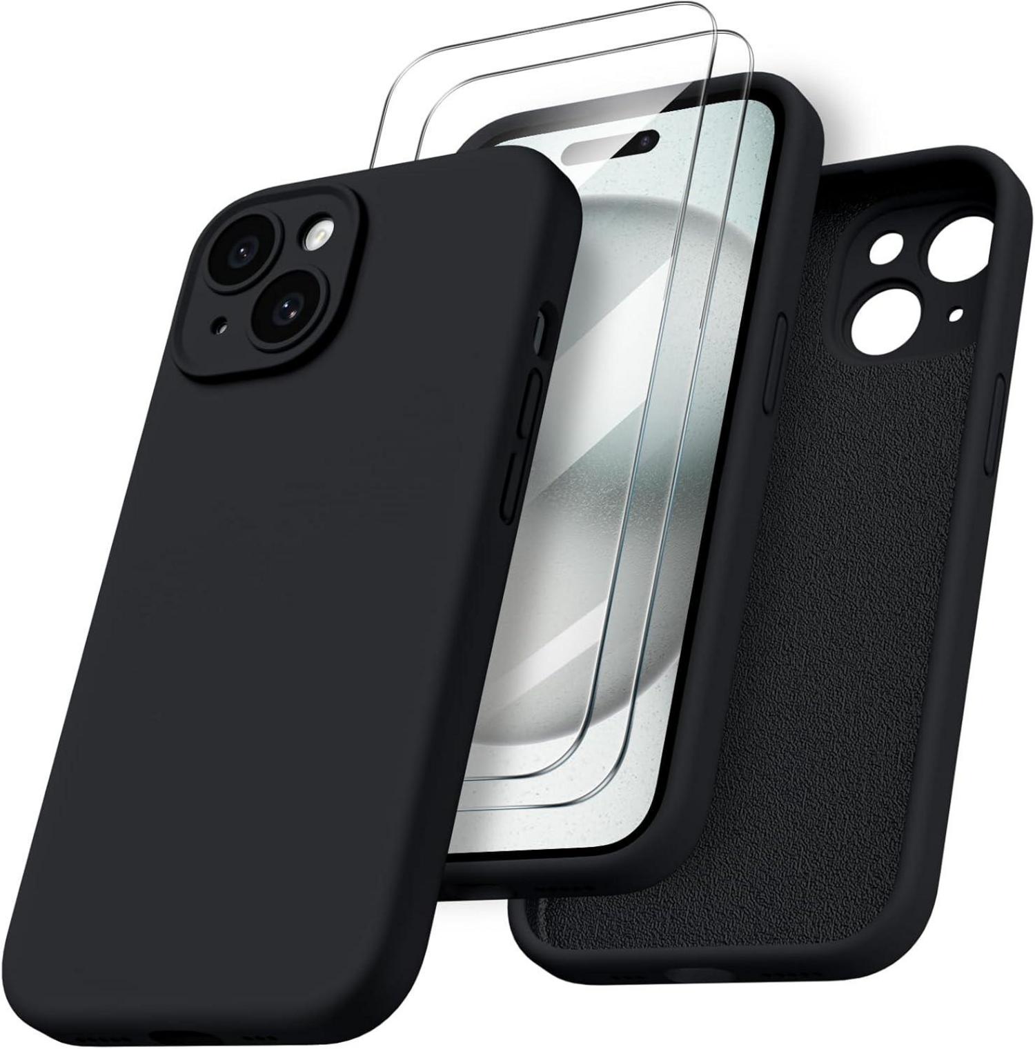 iPhone 15 Hülle mit Kameraschutz, flüssiges Silikon, 2 Schutzfolien